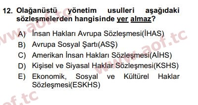 2017 İnsan Hakları ve Kamu Özgürlükleri Arasınav 12. Çıkmış Sınav Sorusu