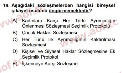 2017 İnsan Hakları ve Kamu Özgürlükleri Arasınav 16. Çıkmış Sınav Sorusu