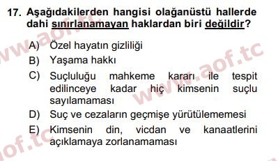 2017 İnsan Hakları ve Kamu Özgürlükleri Arasınav 17. Çıkmış Sınav Sorusu