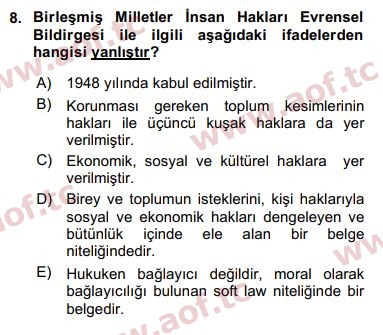 2017 İnsan Hakları ve Kamu Özgürlükleri Arasınav 8. Çıkmış Sınav Sorusu