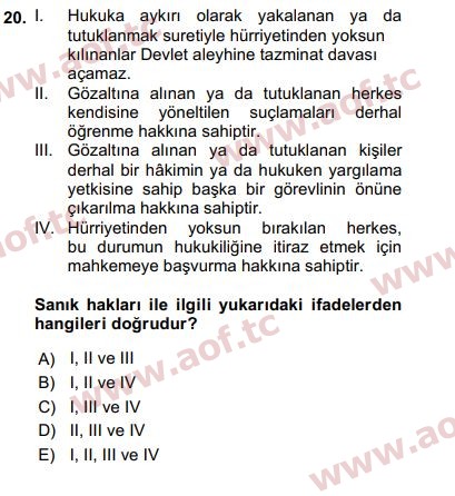 2017 İnsan Hakları ve Kamu Özgürlükleri Final 20. Çıkmış Sınav Sorusu
