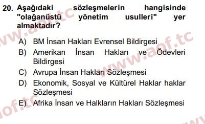 2018 İnsan Hakları ve Kamu Özgürlükleri Arasınav 20. Çıkmış Sınav Sorusu