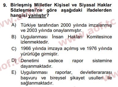 2018 İnsan Hakları ve Kamu Özgürlükleri Arasınav 9. Çıkmış Sınav Sorusu