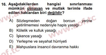 2019 İnsan Hakları ve Kamu Özgürlükleri Arasınav 16. Çıkmış Sınav Sorusu