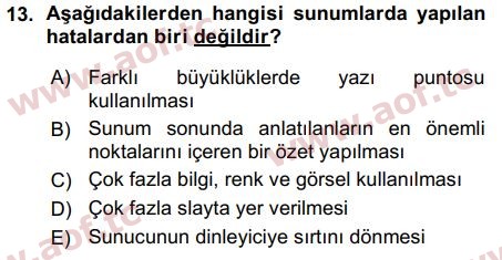 2016 Temel Bilgi Teknolojileri 1 Arasınav 13. Çıkmış Sınav Sorusu