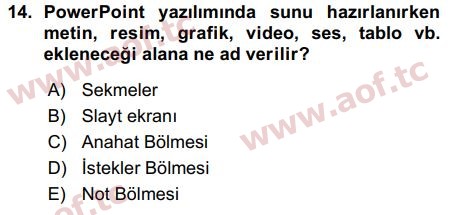 2016 Temel Bilgi Teknolojileri 1 Arasınav 14. Çıkmış Sınav Sorusu