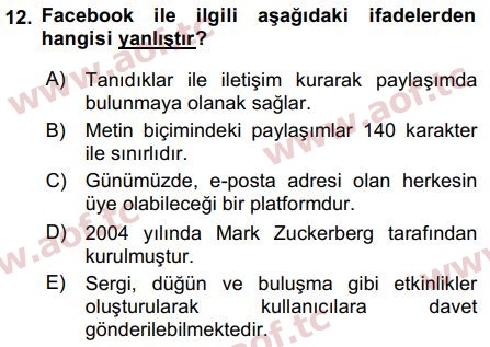 2016 Temel Bilgi Teknolojileri 1 Final 12. Çıkmış Sınav Sorusu