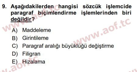 2019 Temel Bilgi Teknolojileri 1 Arasınav 9. Çıkmış Sınav Sorusu