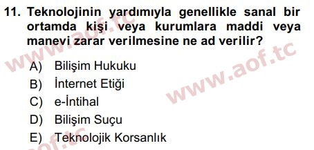 2016 Temel Bilgi Teknolojileri 2 Arasınav 11. Çıkmış Sınav Sorusu