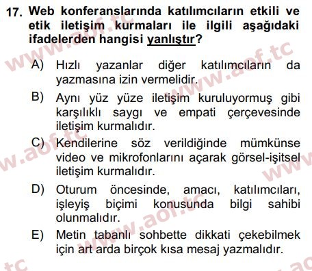 2016 Temel Bilgi Teknolojileri 2 Arasınav 17. Çıkmış Sınav Sorusu