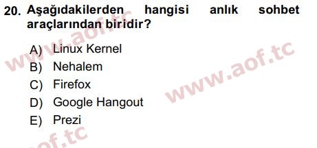 2016 Temel Bilgi Teknolojileri 2 Arasınav 20. Çıkmış Sınav Sorusu