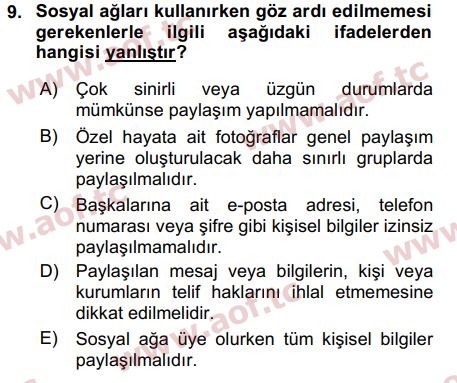 2016 Temel Bilgi Teknolojileri 2 Arasınav 9. Çıkmış Sınav Sorusu