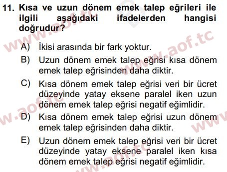 2018 Çalışma Ekonomisi Arasınav 11. Çıkmış Sınav Sorusu