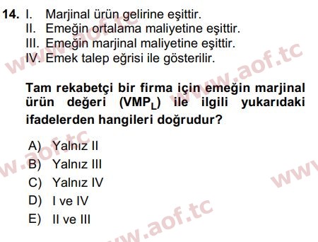 2018 Çalışma Ekonomisi Arasınav 14. Çıkmış Sınav Sorusu