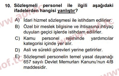 2016 Kamu Personel Hukuku Arasınav 10. Çıkmış Sınav Sorusu