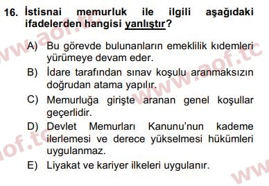 2016 Kamu Personel Hukuku Arasınav 16. Çıkmış Sınav Sorusu