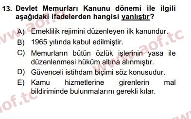 2017 Kamu Personel Hukuku Arasınav 13. Çıkmış Sınav Sorusu