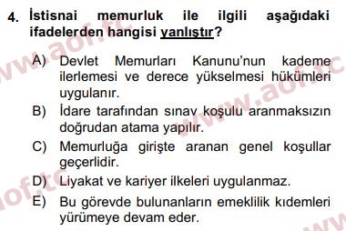 2017 Kamu Personel Hukuku Arasınav 4. Çıkmış Sınav Sorusu