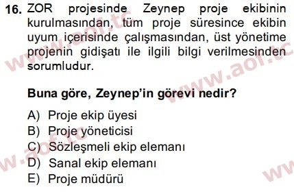 2015 Proje Yönetimi Arasınav 16. Çıkmış Sınav Sorusu