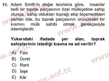 2016 İktisadi Düşünceler Tarihi Arasınav 11. Çıkmış Sınav Sorusu