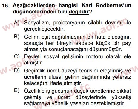 2016 İktisadi Düşünceler Tarihi Arasınav 16. Çıkmış Sınav Sorusu