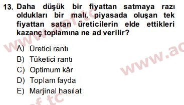 2014 Doğal Kaynaklar ve Çevre Ekonomisi Arasınav 13. Çıkmış Sınav Sorusu