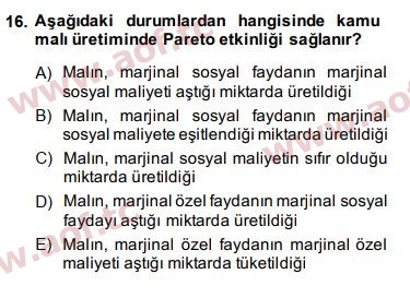 2014 Doğal Kaynaklar ve Çevre Ekonomisi Arasınav 16. Çıkmış Sınav Sorusu