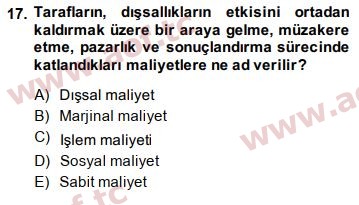 2014 Doğal Kaynaklar ve Çevre Ekonomisi Arasınav 17. Çıkmış Sınav Sorusu