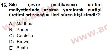 2014 Doğal Kaynaklar ve Çevre Ekonomisi Final 16. Çıkmış Sınav Sorusu