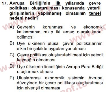 2014 Doğal Kaynaklar ve Çevre Ekonomisi Final 17. Çıkmış Sınav Sorusu