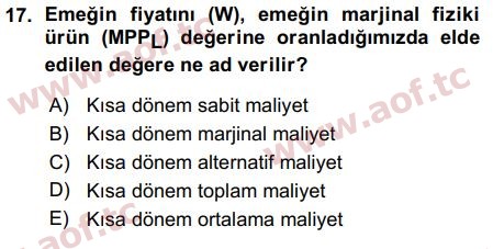 2016 Mikro İktisat Arasınav 17. Çıkmış Sınav Sorusu