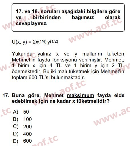 2017 Matematiksel İktisat Final 17. Çıkmış Sınav Sorusu