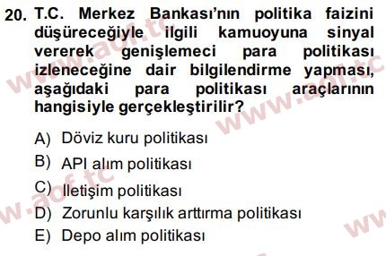 2015 Para Politikası Arasınav 20. Çıkmış Sınav Sorusu