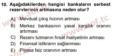 2016 Para Politikası Arasınav 10. Çıkmış Sınav Sorusu