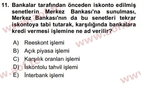 2016 Para Politikası Arasınav 11. Çıkmış Sınav Sorusu