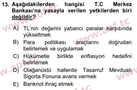 2016 Para Politikası Arasınav 13. Çıkmış Sınav Sorusu