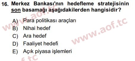 2016 Para Politikası Arasınav 16. Çıkmış Sınav Sorusu