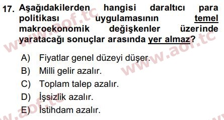 2016 Para Politikası Arasınav 17. Çıkmış Sınav Sorusu