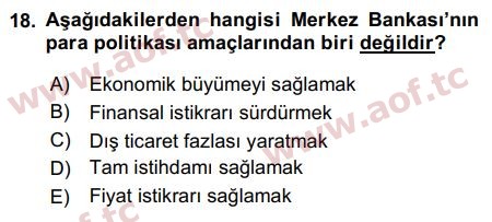 2016 Para Politikası Arasınav 18. Çıkmış Sınav Sorusu