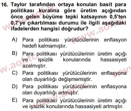 2016 Para Politikası Final 16. Çıkmış Sınav Sorusu