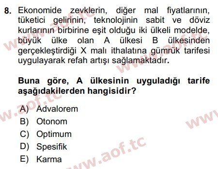 2016 Uluslararası İktisat Politikası Arasınav 8. Çıkmış Sınav Sorusu