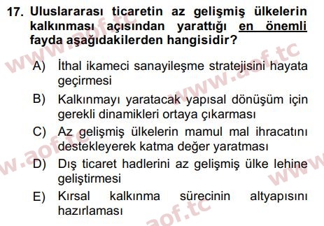 2017 Uluslararası İktisat Politikası Arasınav 17. Çıkmış Sınav Sorusu