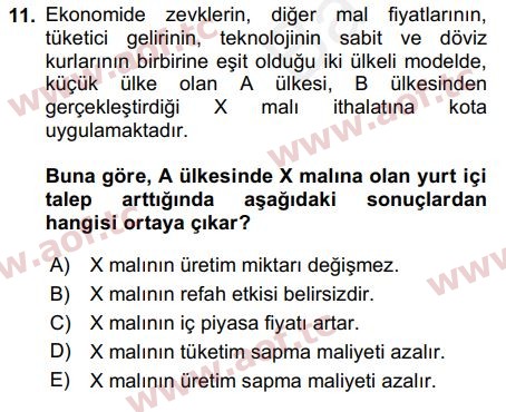 2019 Uluslararası İktisat Politikası Arasınav 11. Çıkmış Sınav Sorusu