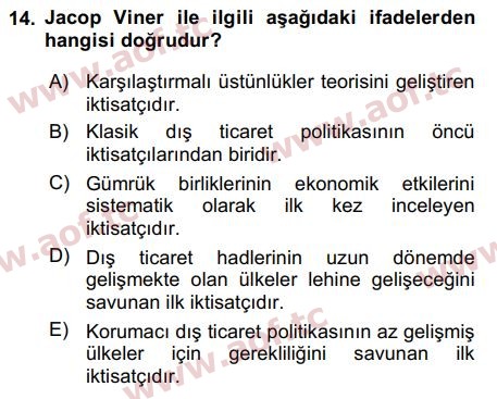 2019 Uluslararası İktisat Politikası Arasınav 14. Çıkmış Sınav Sorusu