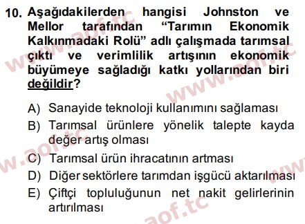 2015 Tarım Ekonomisi ve Tarımsal Politikalar Arasınav 10. Çıkmış Sınav Sorusu