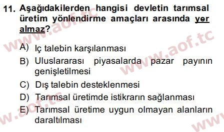 2015 Tarım Ekonomisi ve Tarımsal Politikalar Arasınav 11. Çıkmış Sınav Sorusu