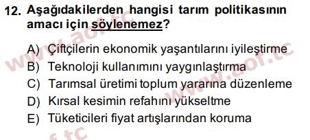 2015 Tarım Ekonomisi ve Tarımsal Politikalar Arasınav 12. Çıkmış Sınav Sorusu