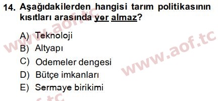 2015 Tarım Ekonomisi ve Tarımsal Politikalar Arasınav 14. Çıkmış Sınav Sorusu