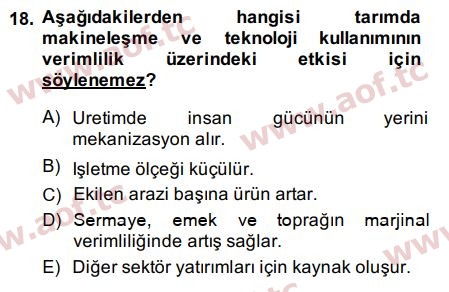 2015 Tarım Ekonomisi ve Tarımsal Politikalar Arasınav 18. Çıkmış Sınav Sorusu