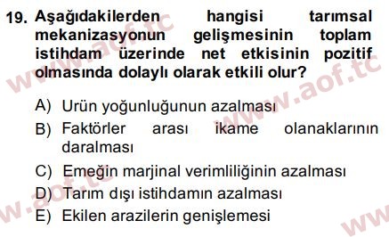 2015 Tarım Ekonomisi ve Tarımsal Politikalar Arasınav 19. Çıkmış Sınav Sorusu